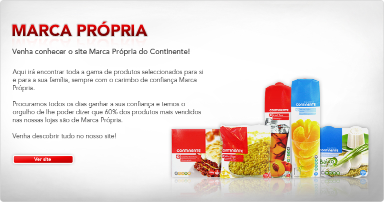 Marca Própria - Venha conhecer o site Marca Própria do Continente! Aqui irá encontrar toda a gama de produtos seleccionados para si e para a sua família, sempre com o carimbo de confiança Marca Própria. Procuramos todos os dias ganhar a sua confiança e temos o orgulho de lhe poder dizer que 60% dos produtos mais vendidos nas nossas lojas são de Marca Própria. Venha descobrir tudo no nossso site!